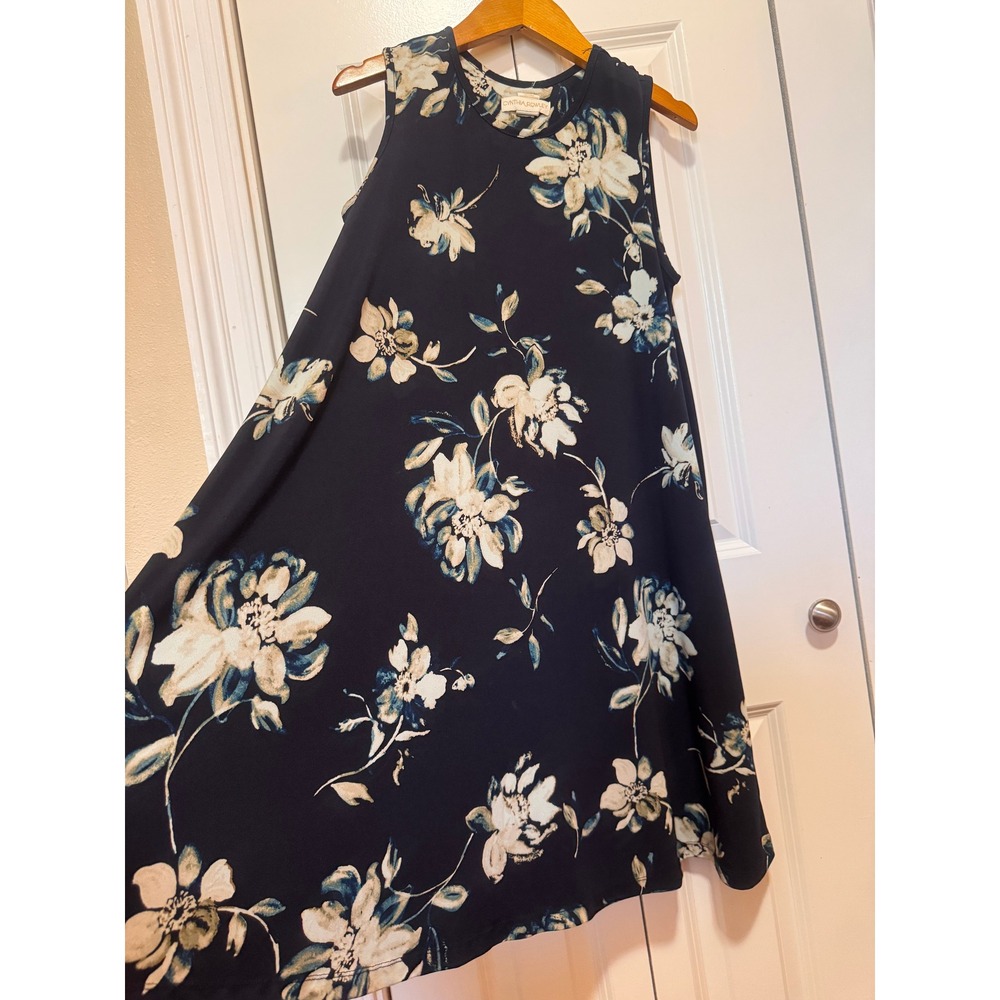 Cynthia Rowley Navy Blue Floral Sleeveless Swing Dress Small Stretch Jersey Knit
